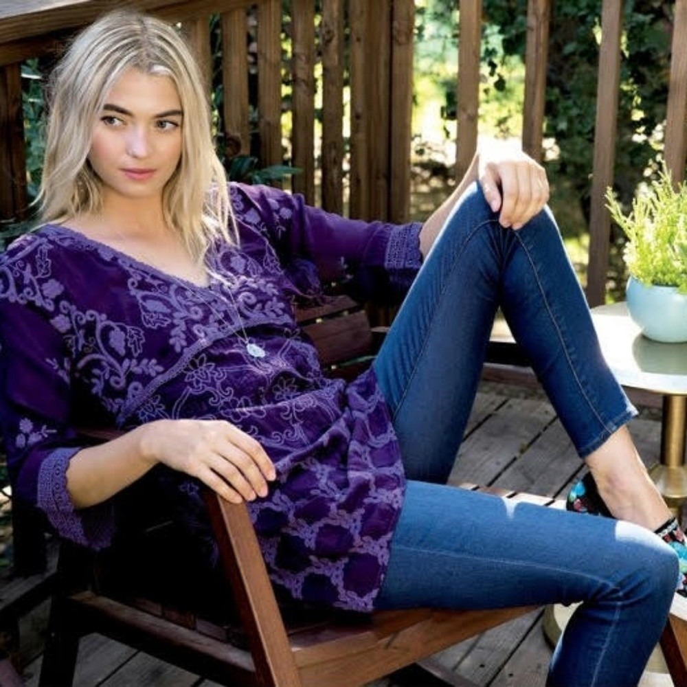 Johnny Was Shirt Monrow Tunic NWT Womens Extra Small Boho Purple Embroidered